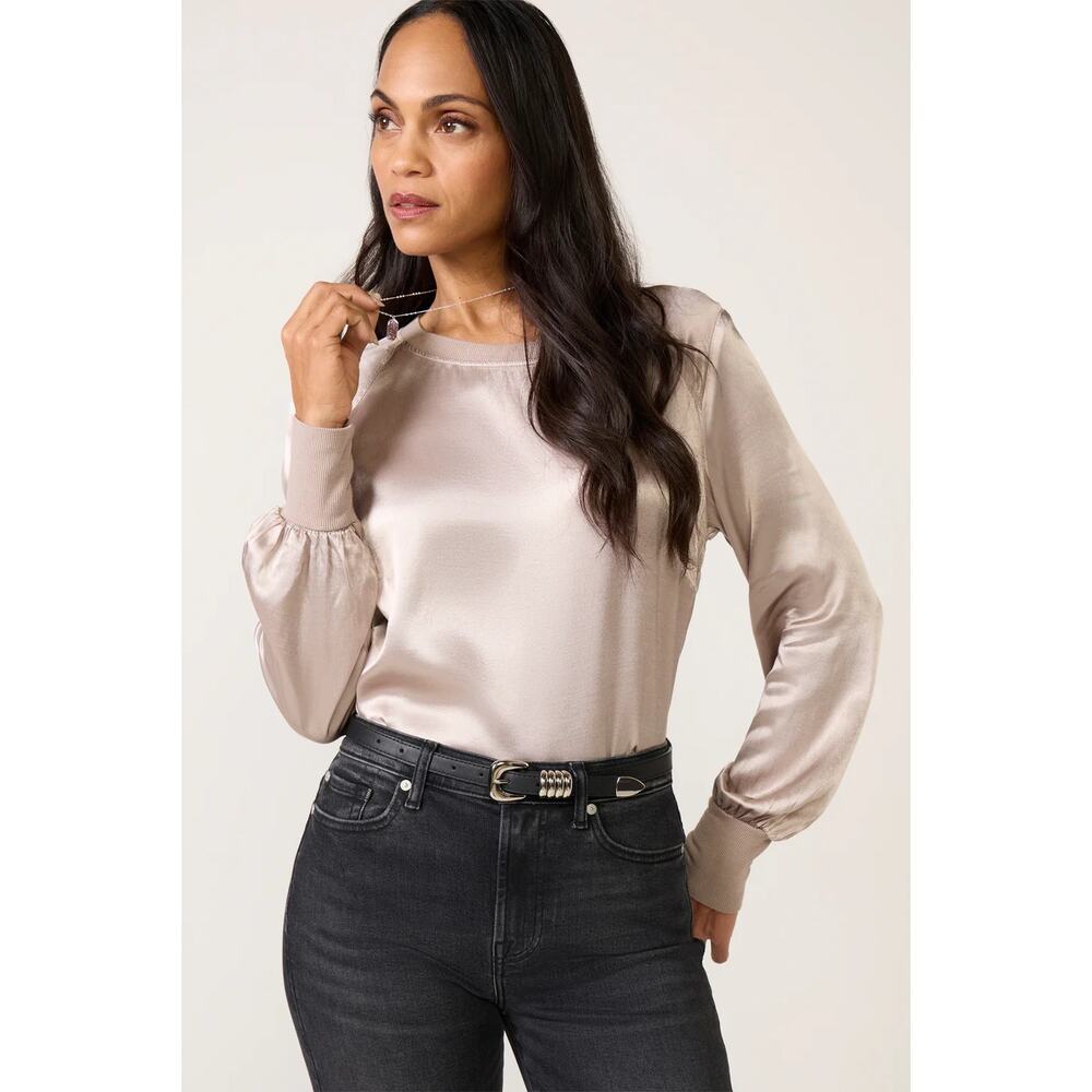 LA Made City Satin Long Sleeve Top Champagne NWT Size Large